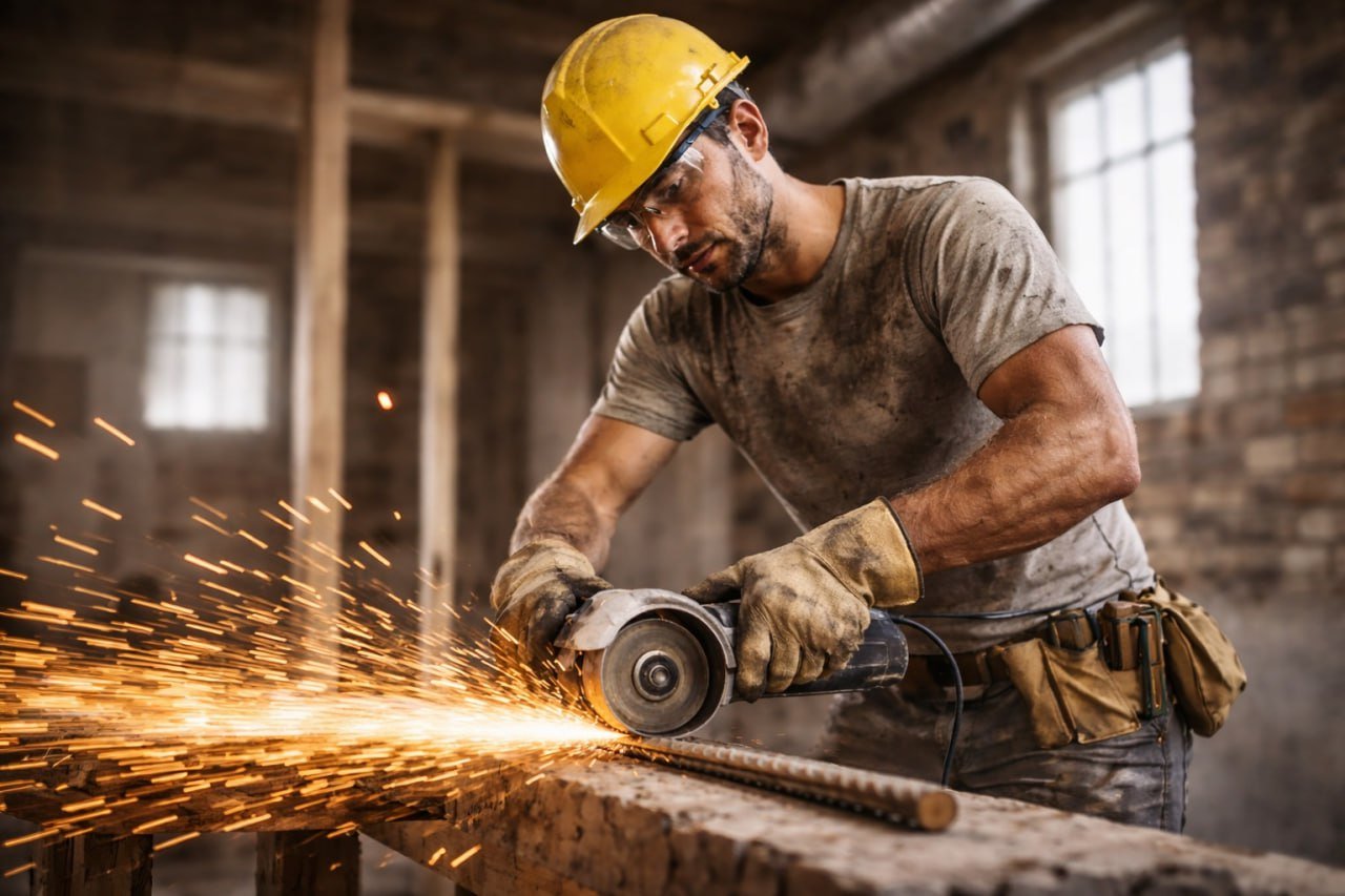 Profesional de la construcción trabajando en pared de ladrillo